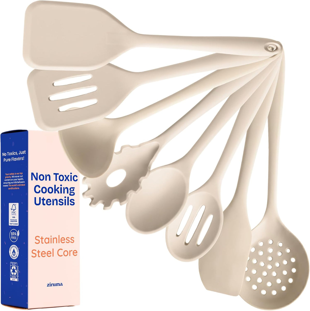 NonToxic Platinum Silicone Utensils, 100% Plastic-Free, 8-Pcs, Beige