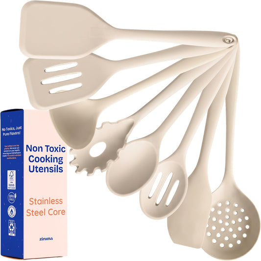 NonToxic Platinum Silicone Utensils, 100% Plastic-Free, 8-Pcs, Beige