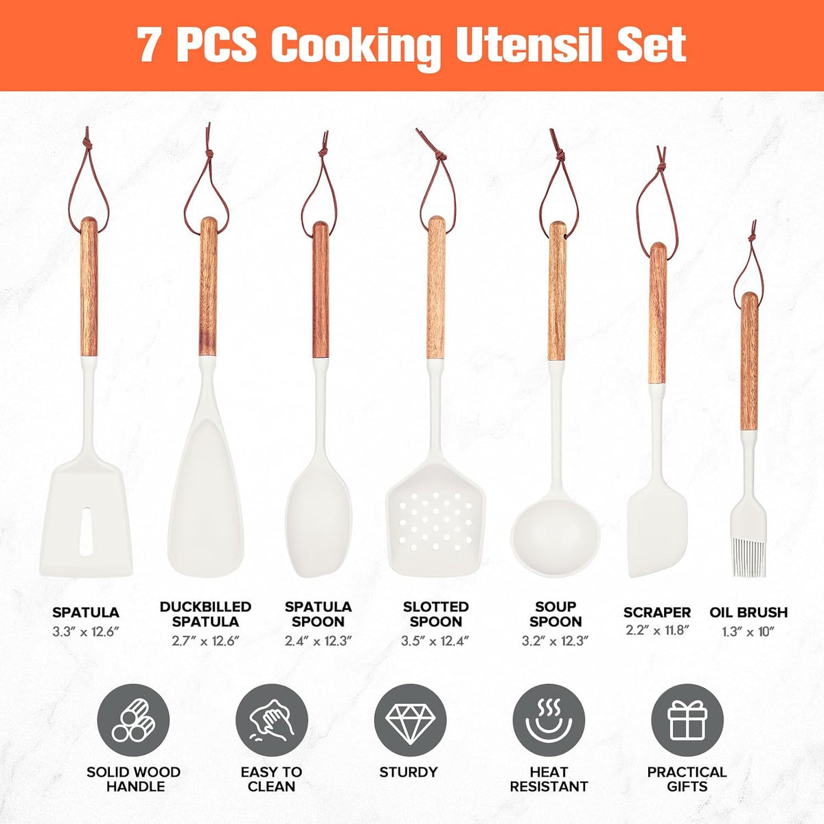 Silicone Cooking Utensils Set of 7, Wooden Handle (White)