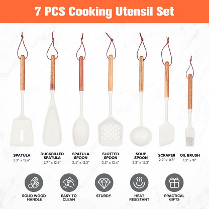 Silicone Cooking Utensils Set of 7, Wooden Handle (White)