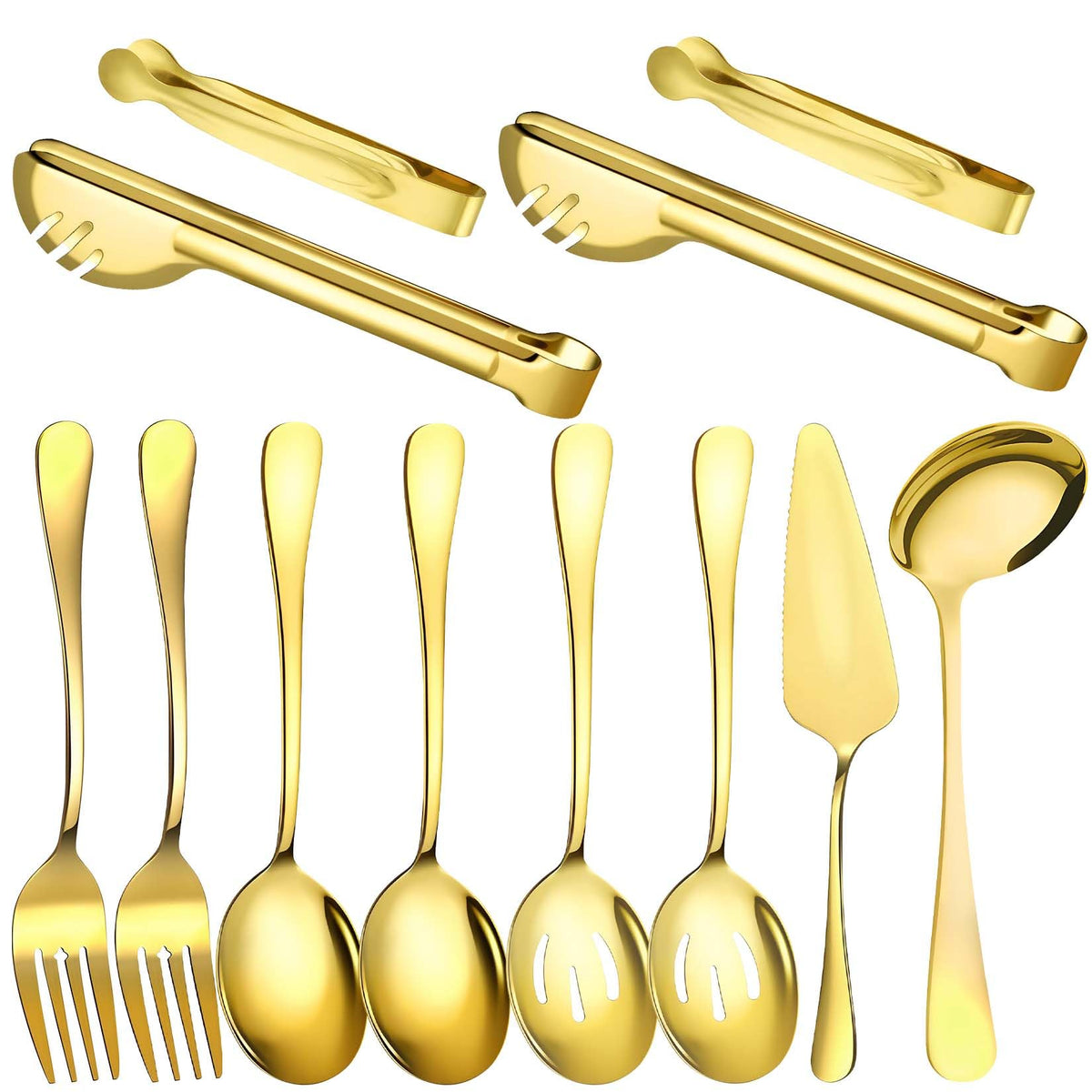 12 Pcs Silver Serving Utensils Set - Stainless Steel Large Serving Spoons, Slotted Spoons, Forks, Tongs, Soup Ladle & Pie Server - Metal Buffet Utensils for Parties, Catering, Wedding, Dishwasher Safe