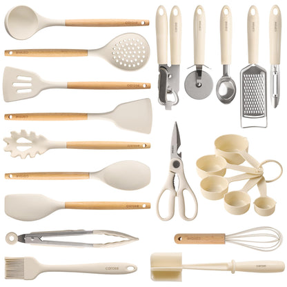 CAROTE 10-Piece Kitchen Utensils Set with Wood Cool-Touch Handles, Cream