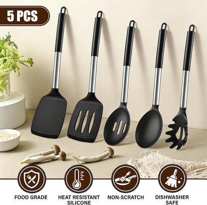 5Pcs Silicone Cooking Utensils Set, Heat Resistant Kitchen Tools Include Solid&Slotted Spatula, Cooking Spoon and Pasta Server, Silicone Kitchen Utensils set for Nonstick Cookware Flipping, Black