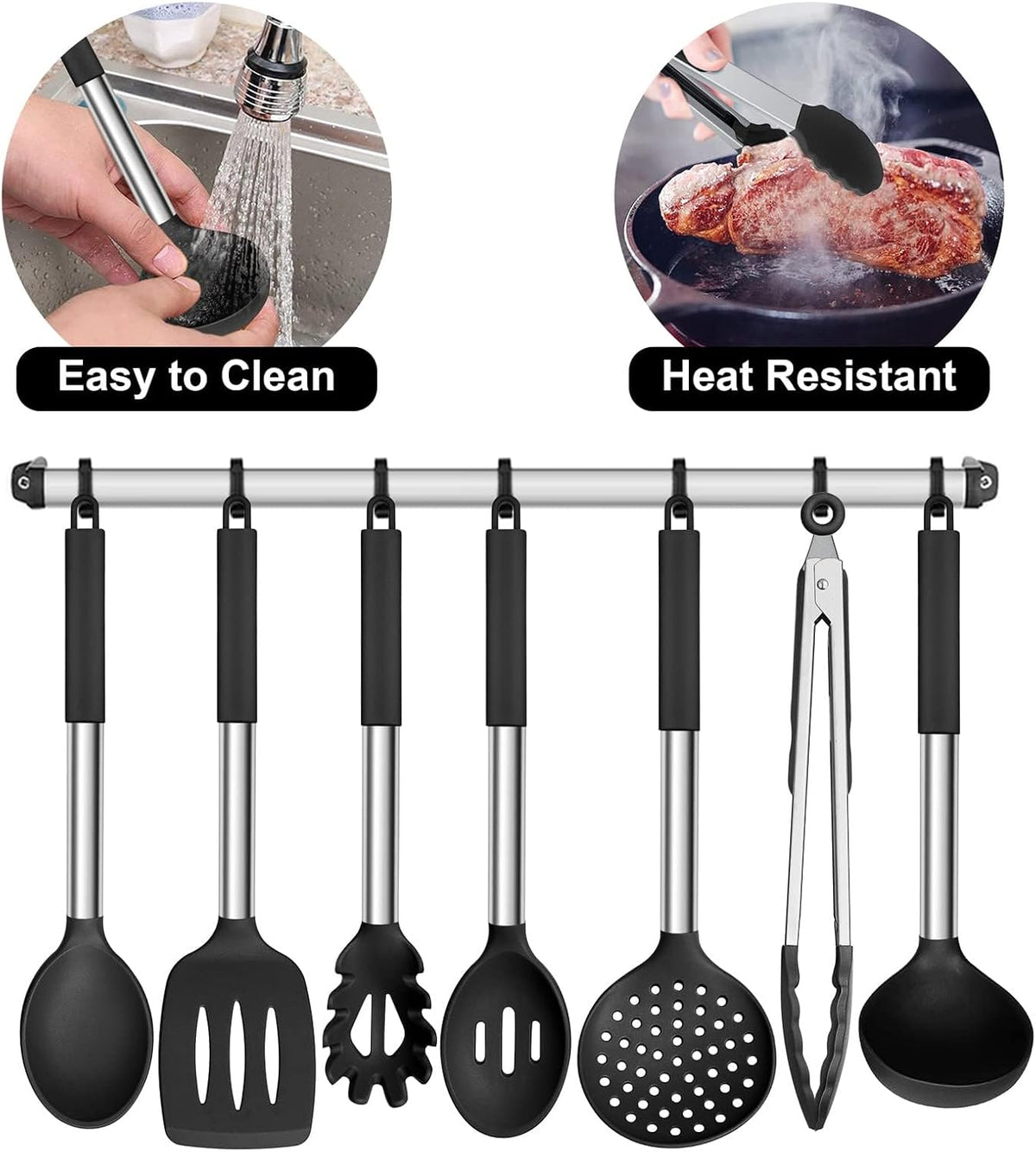 E-far Silicone Cooking Utensils Set, 7-Piece Black Kitchen Utensils Set