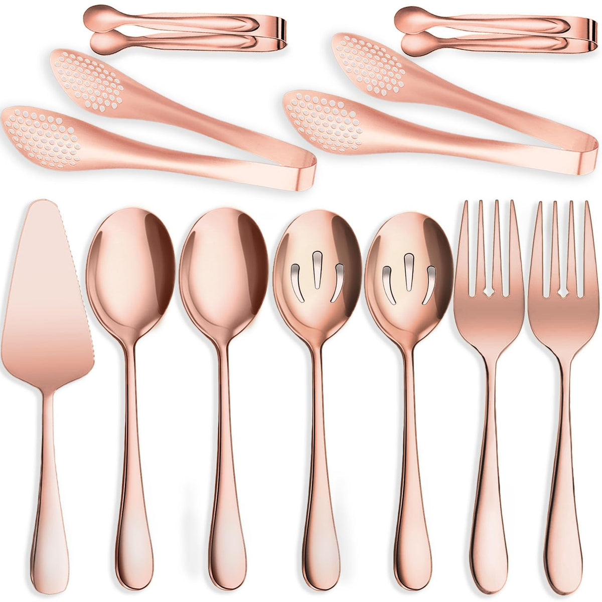 6 PCS Stainless Steel Serving Utensils, Large Serving Spoons Slotted Spoons, Forks, Ice Suger Tongs, Cake Server, Soup Ladle, Metal Utensils Set Great for Buffet Catering Banquet Party, Silver
