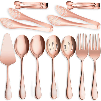 6 PCS Stainless Steel Serving Utensils, Large Serving Spoons Slotted Spoons, Forks, Ice Suger Tongs, Cake Server, Soup Ladle, Metal Utensils Set Great for Buffet Catering Banquet Party, Silver