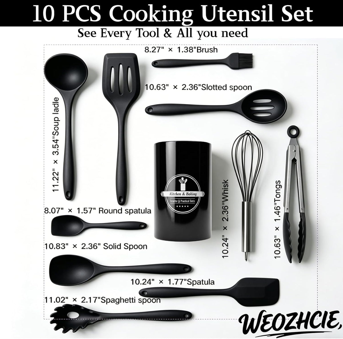 Silicone Kitchen Utensils Set,10 PCS Cooking Kitchen Utensils Set, Nonstick Kitchen Utensils 446°F Heat-Resistant Cookware Kitchen Tools of Spoon,Brush,Whisk,Spatula,Turner Tongs(Black)