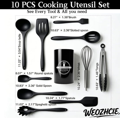 Silicone Kitchen Utensils Set,10 PCS Cooking Kitchen Utensils Set, Nonstick Kitchen Utensils 446°F Heat-Resistant Cookware Kitchen Tools of Spoon,Brush,Whisk,Spatula,Turner Tongs(Black)