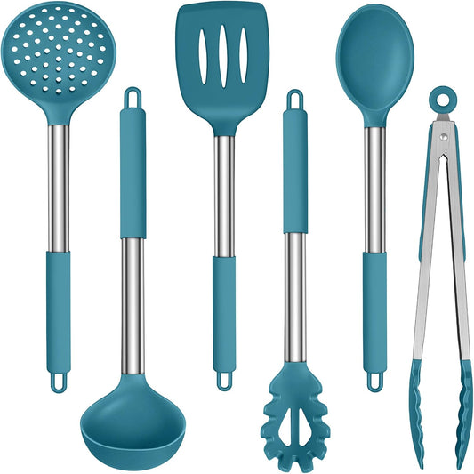 LIANYU Silicone Kitchen Utensils, 6 Pcs Cooking Utensils Spatula Set, Blue