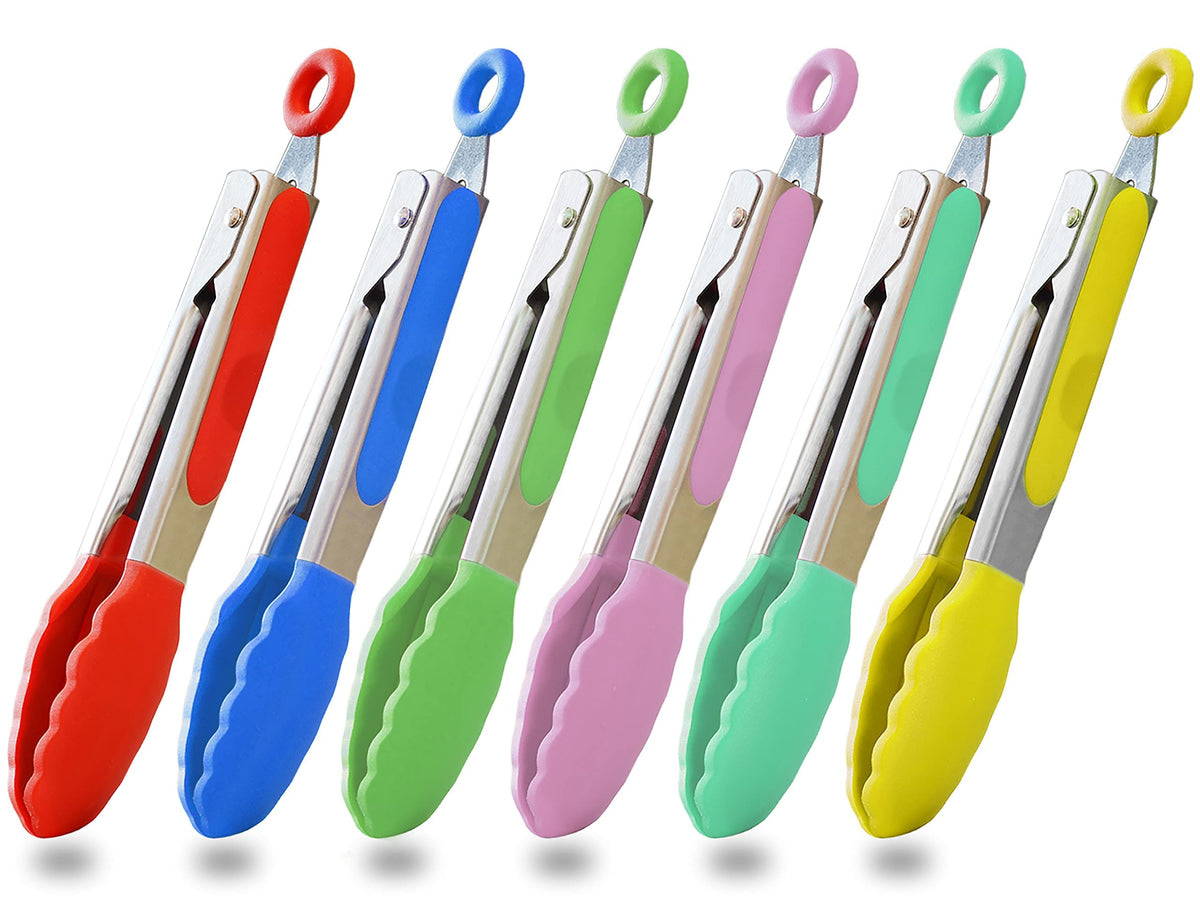 HINMAY Small Silicone Tongs 7-Inch Mini Serving Tongs, Set of 3 (Black Gray White)