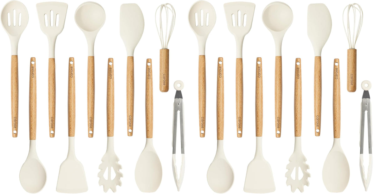 CAROTE 10-Piece Kitchen Utensils Set with Wood Cool-Touch Handles, Cream
