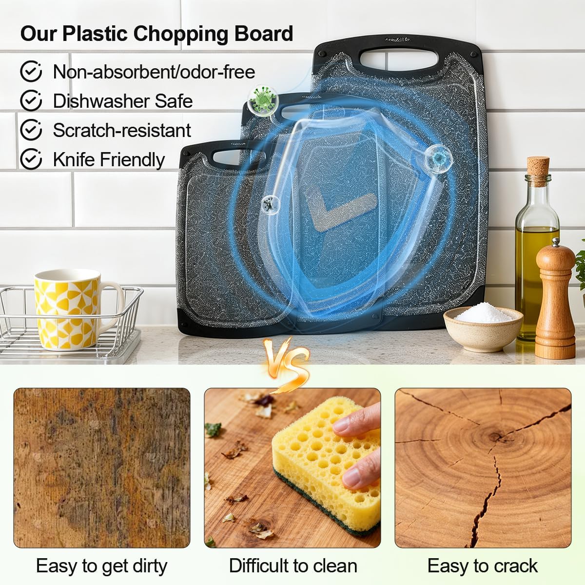 Viretang Plastic Cutting Boards Set of 3,BPA Free,Dishwasher Safe