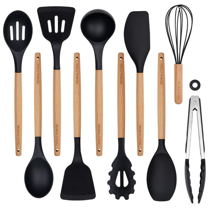 Silicone 10 Pcs Kitchen Cooking Utensils Set, Recycled Materials Certification, BPA Free Spatula Set with Heat Resistant Wood Handles for Nonstick Cookware, Cream White