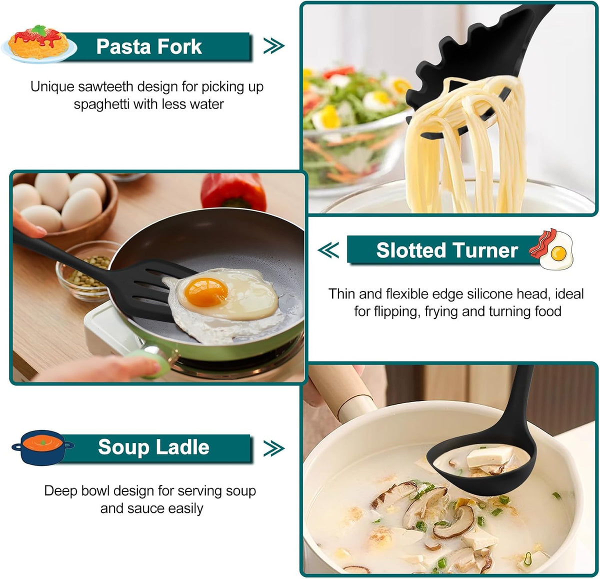 TeamFar Silicone Cooking Utensil Set of 7, Kitchen Cooking Utensil Set