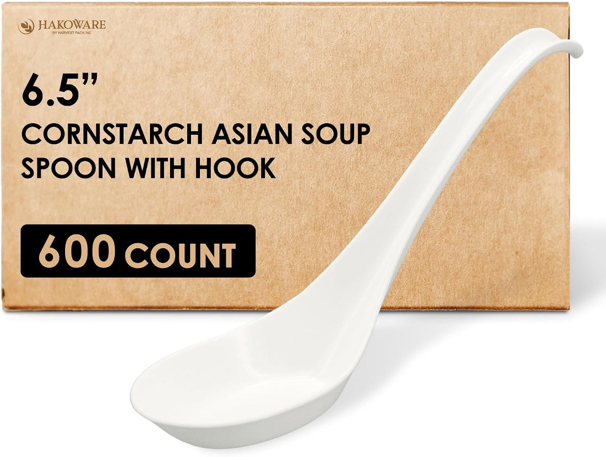 Disposable PLA Cornstarch Asian Soup Spoons with Hook Plastic-Free,600 Pack