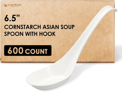 Disposable PLA Cornstarch Asian Soup Spoons with Hook Plastic-Free,600 Pack