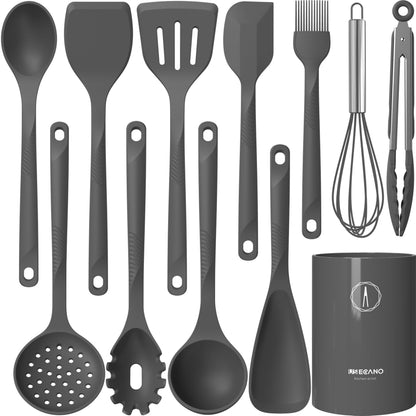 Silicone Cooking Utensils Set - 600°F Heat Resistant, Nonstick Kitchen Utensil Set with Spatulas, Spoons, Whisk, Tongs, BPA Free, Dishwasher Safe, Black