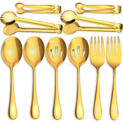 6 PCS Stainless Steel Serving Utensils, Large Serving Spoons Slotted Spoons, Forks, Ice Suger Tongs, Cake Server, Soup Ladle, Metal Utensils Set Great for Buffet Catering Banquet Party, Silver