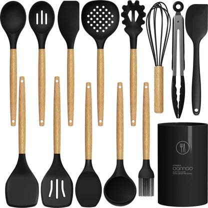 oannao Silicone Cooking Utensils Set - 446°F Heat Resistant Silicone Kitchen Utensils for Cooking,Kitchen Utensil Spatula Set w Wooden Handles, BPA FREE Gadgets for Non-Stick Cookware (Khaki)
