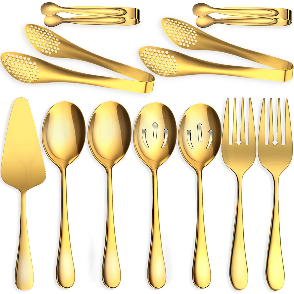 6 PCS Stainless Steel Serving Utensils, Large Serving Spoons Slotted Spoons, Forks, Ice Suger Tongs, Cake Server, Soup Ladle, Metal Utensils Set Great for Buffet Catering Banquet Party, Silver