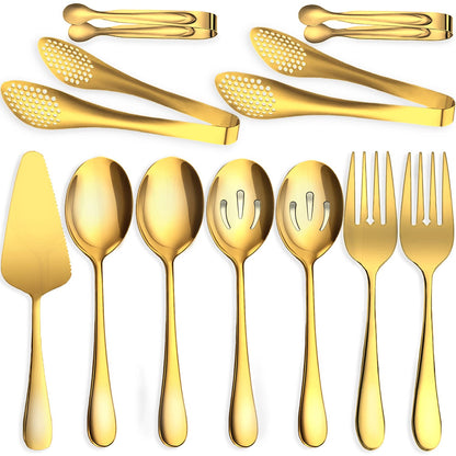 6 PCS Stainless Steel Serving Utensils, Large Serving Spoons Slotted Spoons, Forks, Ice Suger Tongs, Cake Server, Soup Ladle, Metal Utensils Set Great for Buffet Catering Banquet Party, Silver