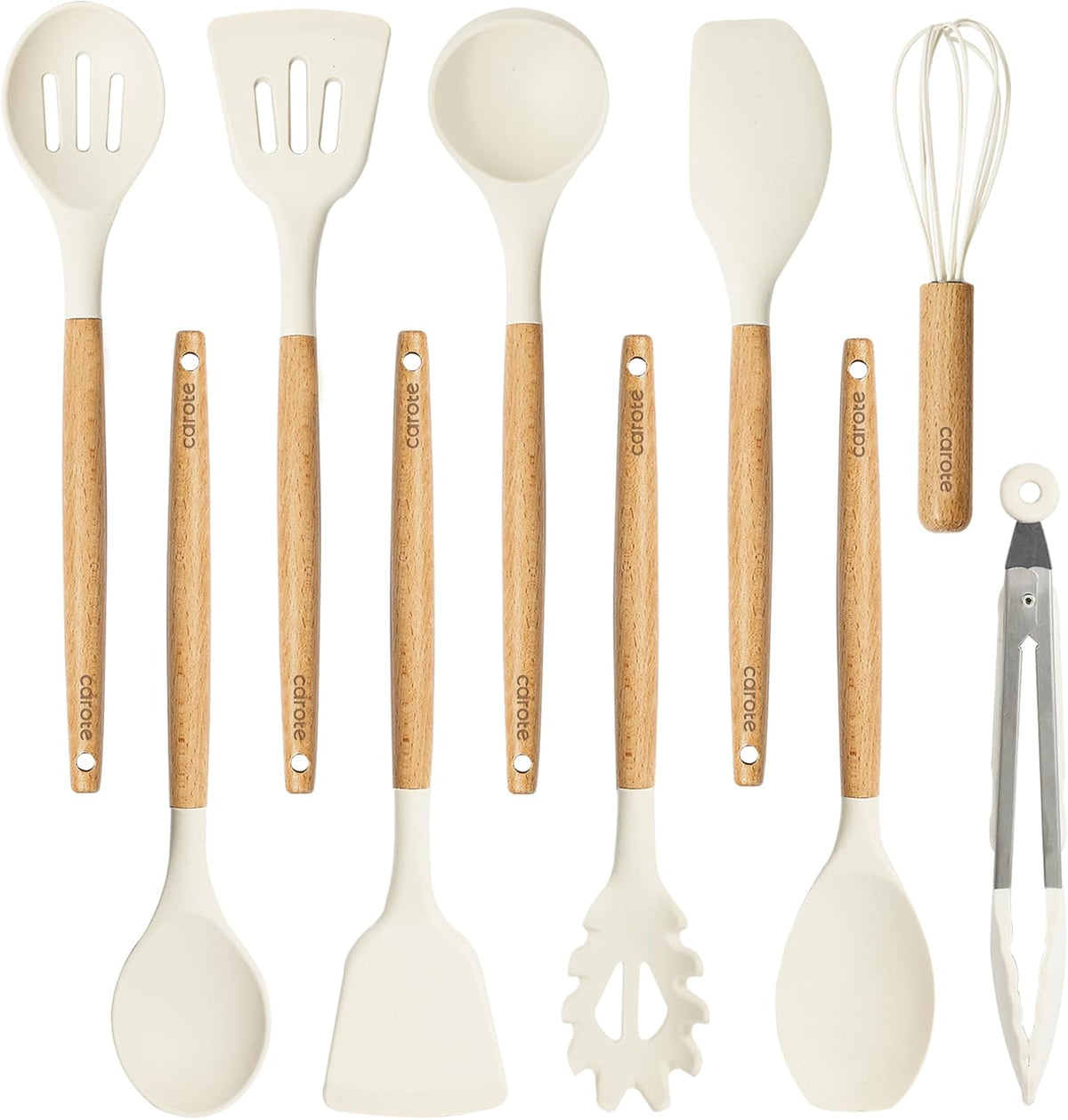 CAROTE 10-Piece Kitchen Utensils Set with Wood Cool-Touch Handles, Cream
