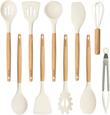 CAROTE 10-Piece Kitchen Utensils Set with Wood Cool-Touch Handles, Cream