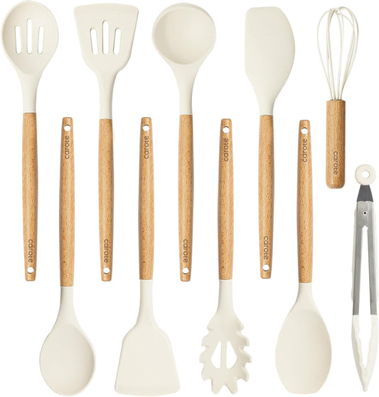 CAROTE 10-Piece Kitchen Utensils Set with Wood Cool-Touch Handles, Cream