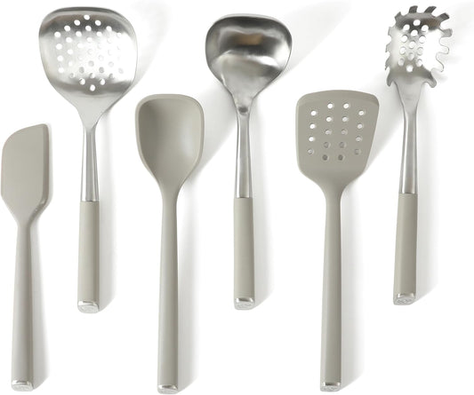Calphalon Edge 6-Piece Stainless Steel and Silicone Kitchen Tool Set, Kitchen Utensil Set, Scraper, Skimmer, Spoon, Ladle, Turner, Pasta Server, Heat Resistant Nonstick Safe Cooking Utensils (Taupe)