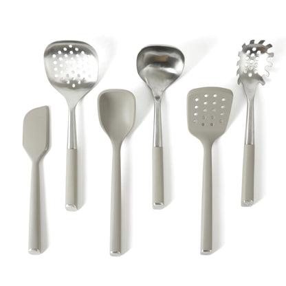 Calphalon Edge 6-Piece Stainless Steel and Silicone Kitchen Tool Set, Kitchen Utensil Set, Scraper, Skimmer, Spoon, Ladle, Turner, Pasta Server, Heat Resistant Nonstick Safe Cooking Utensils (Taupe)