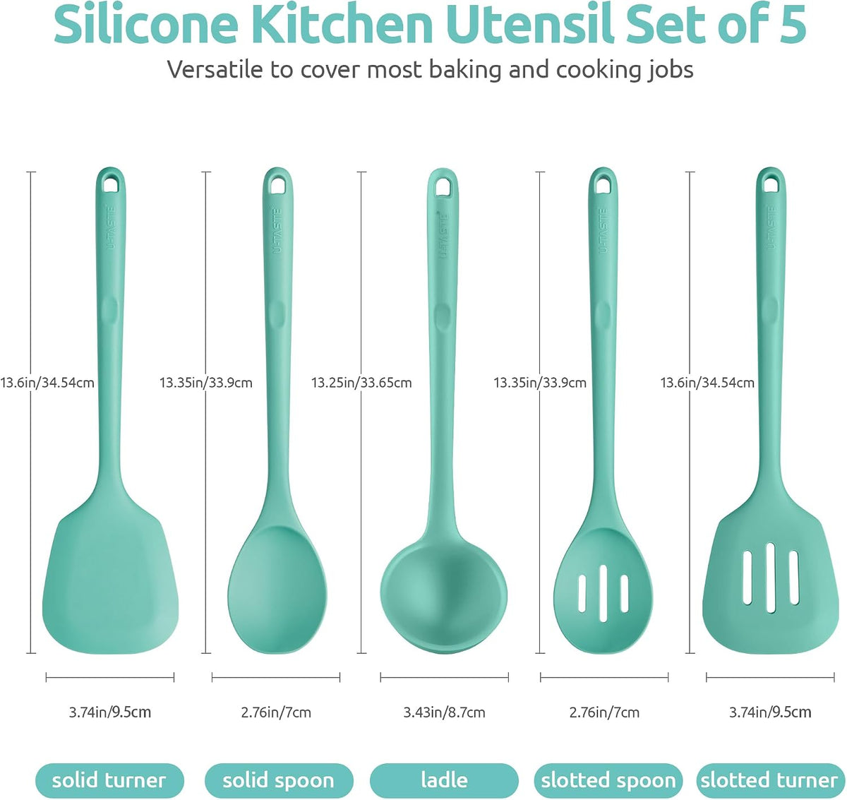 U-Taste Silicone Kitchen Cooking Utensil Set of 5, 13.6" Long, Aqua Sky