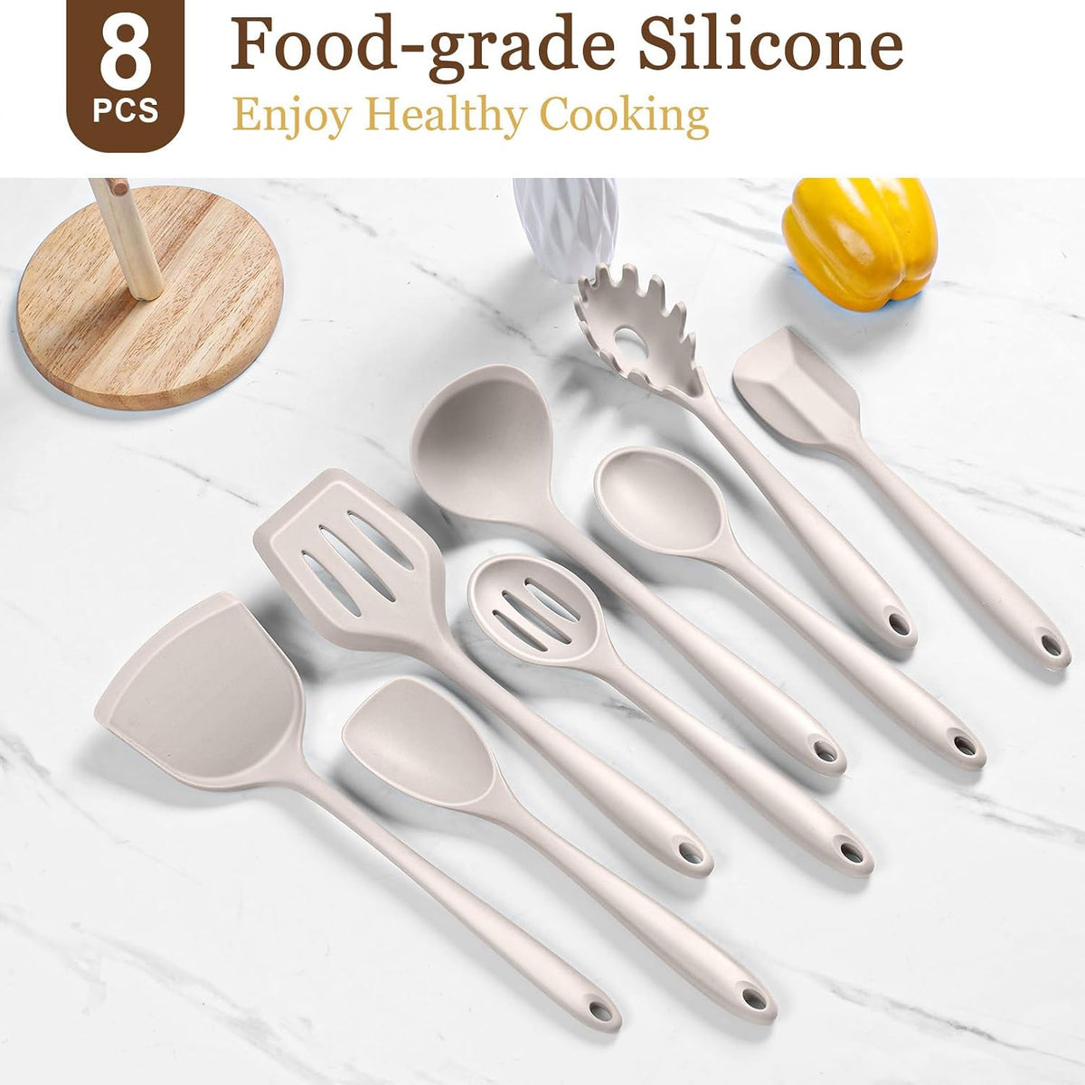 LIANYU Non-Toxic Kitchen Cooking Utensils Set, 8Pcs Khaki Silicone Utensils