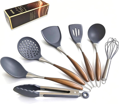 Silicone Cooking Utensil Set 7-Piece, Heat Resistant Kitchen Utensils Set Non-Stick with Wood Grain Handle, BPA-Free Spatula Set Dishwasher Safe (Space Gray)