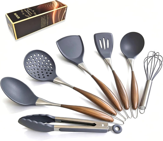 Silicone Cooking Utensil Set 7-Piece, Heat Resistant Kitchen Utensils Set Non-Stick with Wood Grain Handle, BPA-Free Spatula Set Dishwasher Safe (Space Gray)