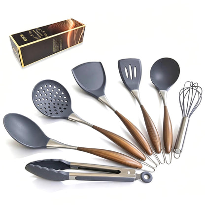Silicone Cooking Utensil Set 7-Piece, Heat Resistant Kitchen Utensils Set Non-Stick with Wood Grain Handle, BPA-Free Spatula Set Dishwasher Safe (Space Gray)