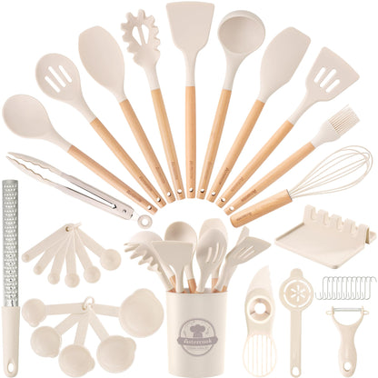 Astercook 39 PCS Kitchen Utensils Set, Silicone Cooking Utensil Sets with Wooden Handle, 446°F Heat Resistant Food Grade Spatula Set, BPA Free Kitchen Gadgets Tools Set & Spoons for Nonstick Cookware