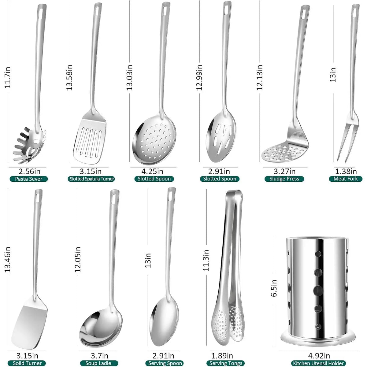 Utensils Set, 11pcs Stainless Set with Holder – Includes Turners, Masher, Spatula,, Pasta Server, Tongs, Soup Ladle, Serving Spoon