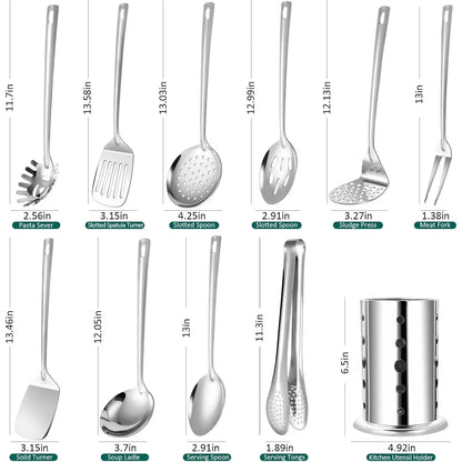 Utensils Set, 11pcs Stainless Set with Holder – Includes Turners, Masher, Spatula,, Pasta Server, Tongs, Soup Ladle, Serving Spoon