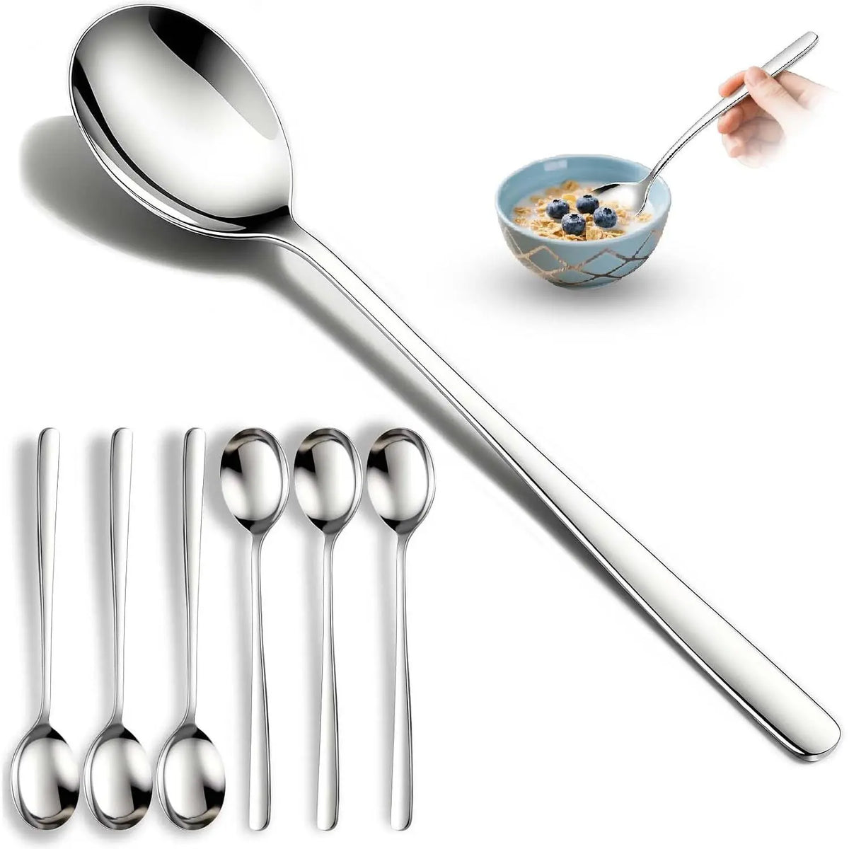 Set of 6  Korean Soup Spoons, 8 Inch | 18/10 Stainless Steel, Long Handle, Rice and  Spoon, Dishwasher Safe