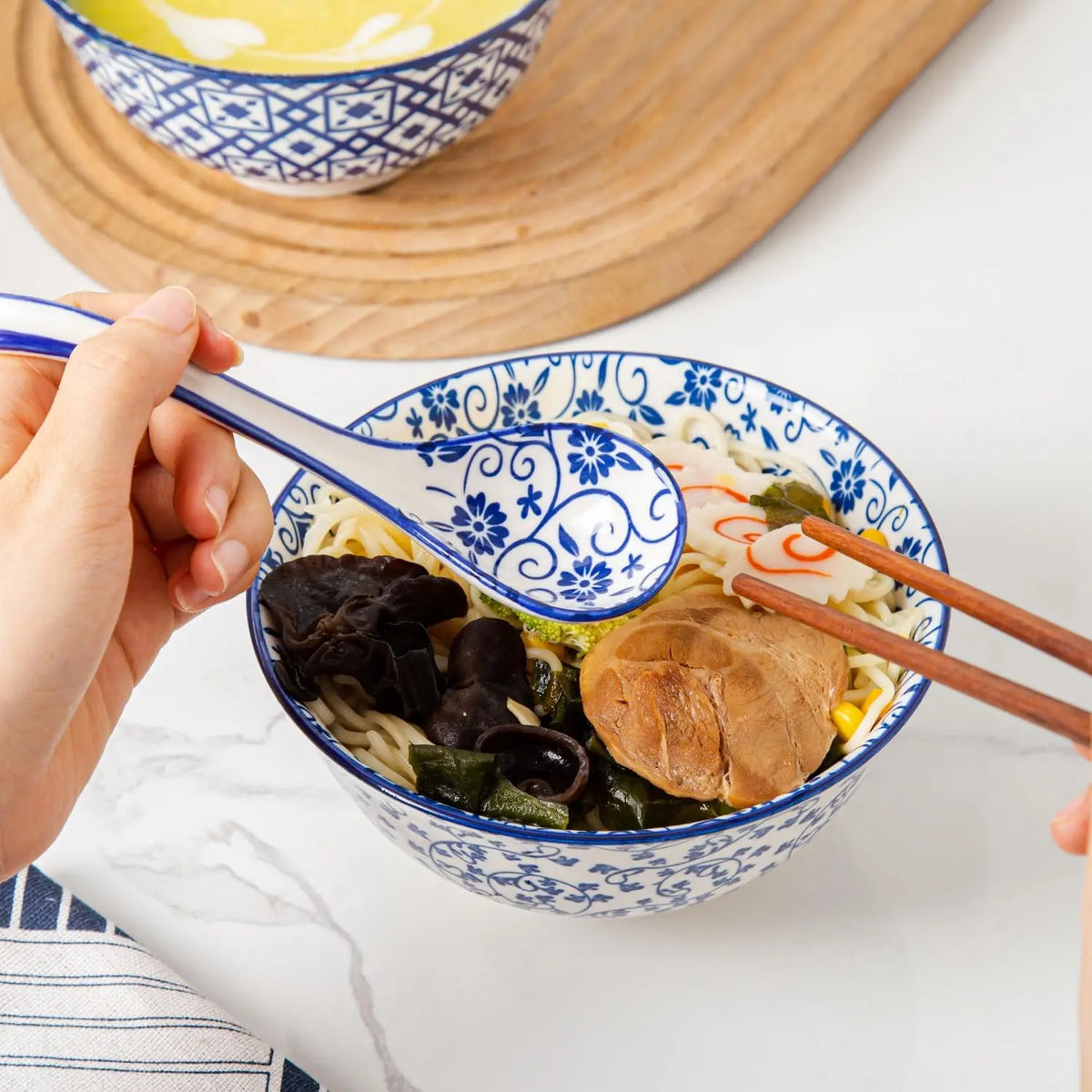 6.3 Inch Ceramic  Soup Spoon Set of 6 | Chinese Soup Spoons  Ramen Spoons for Pho Dumplings Wonton Miso Cereal Stews Noodles -  Blue
