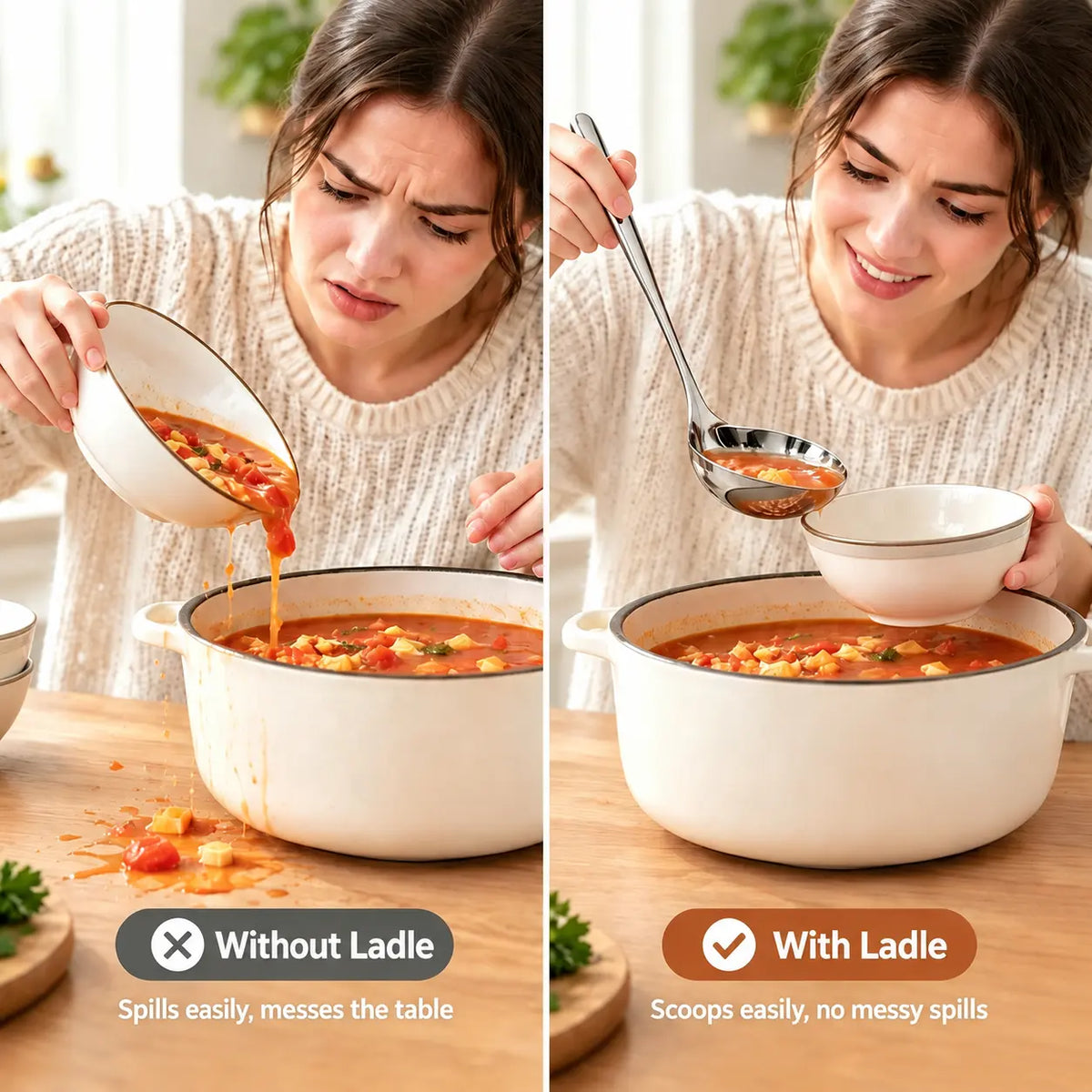 Stainless Steel Soup Ladle, Deep Bowl Long Handle Soup Spoon, No Spill Cooking Serving Spoon for Kitchen