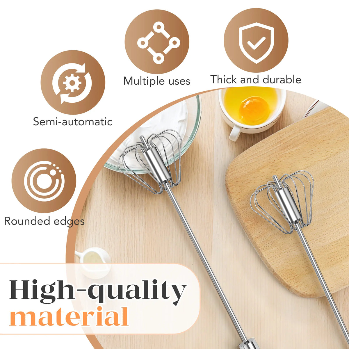 AA Stainless Steel Hand-Push Spinning Wire Whisk - Food-Grade Rust-Resistant Kitchen Cooking Accessory, Sturdy Riveted Construction, Semi-Automatic Design for Stirring Coffee, Egg Tasks, Easy to Clean