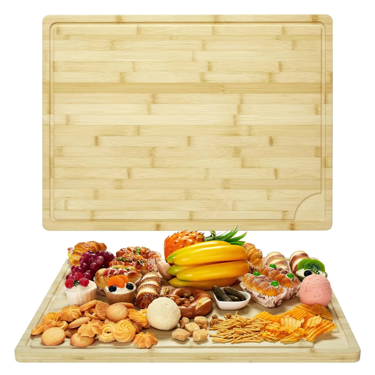 18" x 24" Extra Large Bamboo Cutting Board, Reversible Curved Butcher Block with Deep Juice Groove, Kitchen Chopping Board and Serving Tray for Meat, Cheese, Vegetables, BBQ