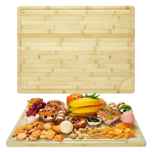 18" x 24" Extra Large Bamboo Cutting Board, Reversible Curved Butcher Block with Deep Juice Groove, Kitchen Chopping Board and Serving Tray for Meat, Cheese, Vegetables, BBQ