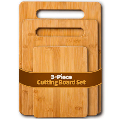 Bambüsi 3-Piece Bamboo Cutting Board Set – Wooden Chopping Boards with Built-In Hand Grips, Durable & Knife-Safe Kitchen Prep & Serving Board, Eco Friendly, Reversible, Knife Friendly, Scratch & Chip Resistant, Lightweight, Non-Toxic, BPA-Free