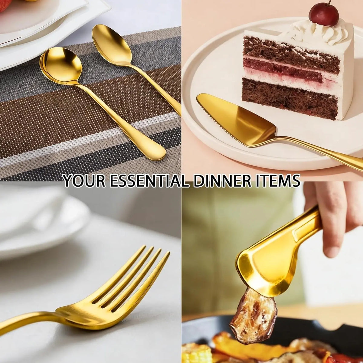 11 PCS Gold Large Stainless Steel Serving Utensils Set, Including Spoons, Slotted Spoons, Forks, Tongs, Soup Ladle and Cake Server, Perfect for Buffet, Party, Catering