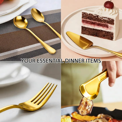 11 PCS Gold Large Stainless Steel Serving Utensils Set, Including Spoons, Slotted Spoons, Forks, Tongs, Soup Ladle and Cake Server, Perfect for Buffet, Party, Catering