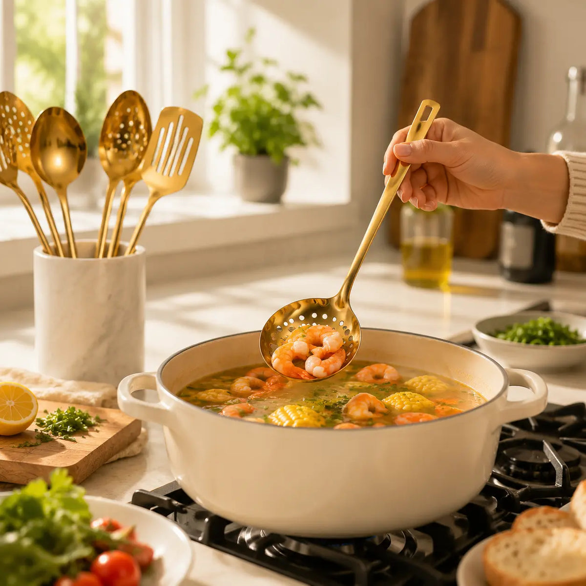 6PCS Gold Stainless Steel Kitchen Utensil Set - Heavy Duty Food Grade Tools: Cooking Spoon, Soup Ladle, Slotted Spoon, Turner for Kitchen Use