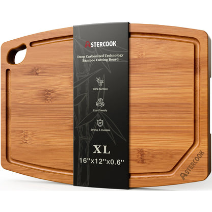 Astercook Large Bamboo Cutting Board, 16 x 12 Inch Natural Chopping Board with Juice Groove, Easy-Grip Handle and Non-Slip Feet for Meat, Vegetables, Bread, Fruit and Charcuterie Chopping Knives Bbq Kitchen