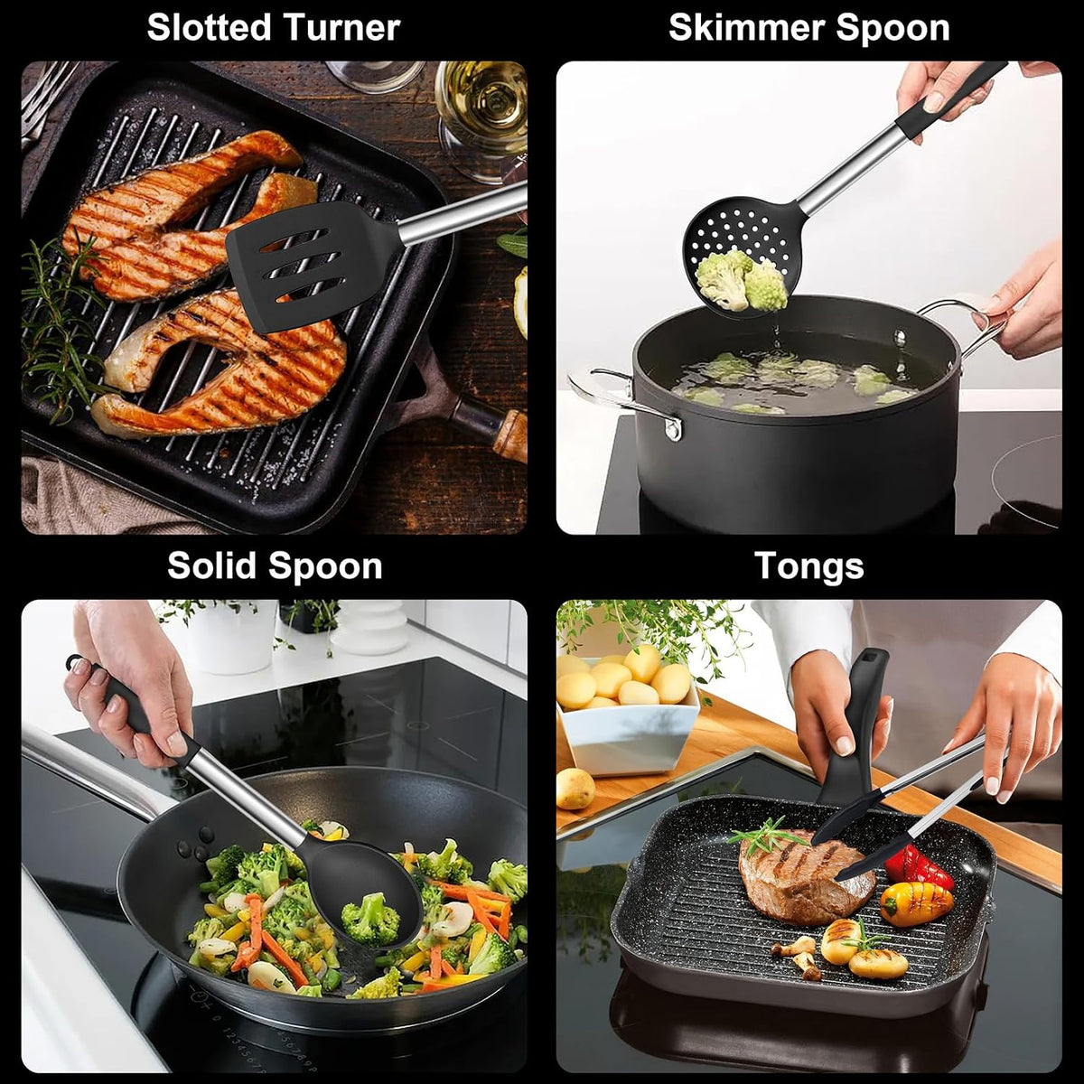 E-far Silicone Cooking Utensils Set, 7-Piece Black Kitchen Utensils Set